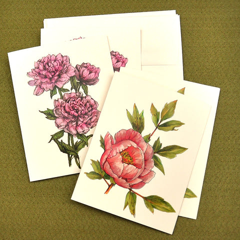 Blank Notecards, Set of Four - Proceeds to Charity - Original Drawings by Ilga - Peonies