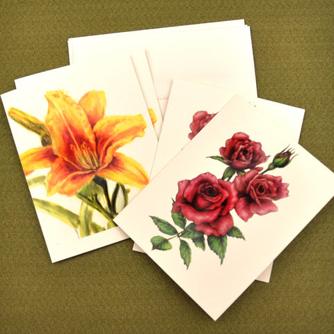 Blank Notecards, Set of Four - Proceeds to Charity - Original Drawings by Ilga - Rose and Lily