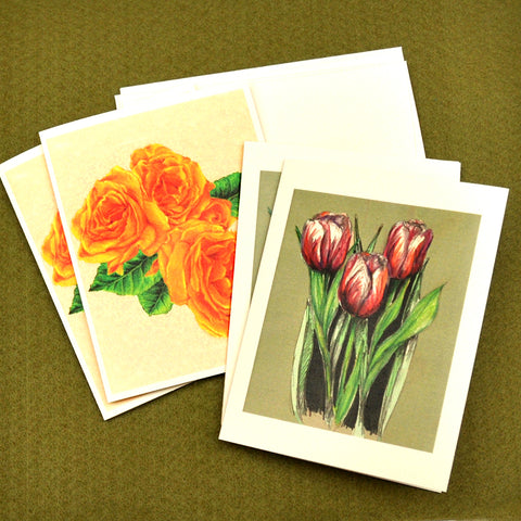 Blank Notecards, Set of Four - Proceeds to Charity - Original Drawings by Ilga - Roses and Tulips