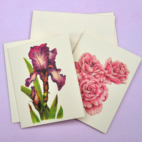 Blank Notecards, Set of Four - Proceeds to Charity - Original Drawings by Ilga - Roses and Iris