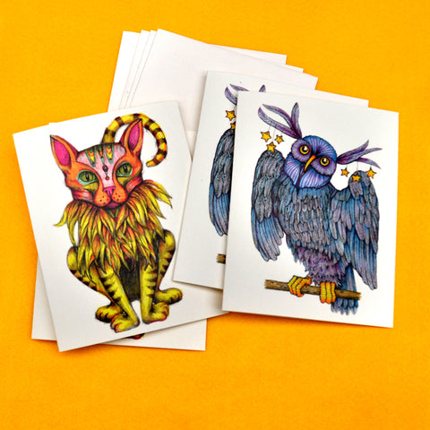 Blank Notecards, Set of Four - Proceeds to Charity - Original Drawings by Ilga - Fantasy Animals
