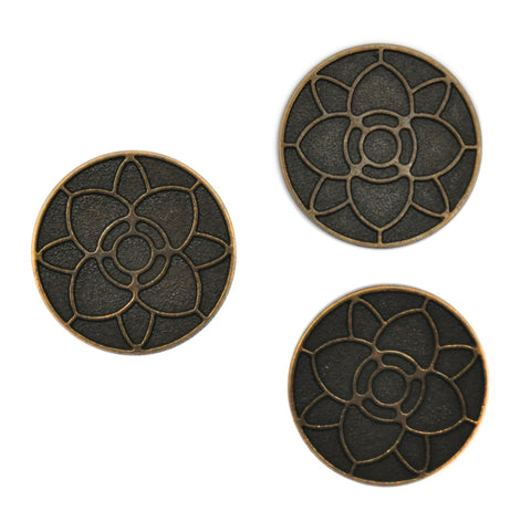 Bronze and Black Buttons with Flower Pattern, Large - Set of 3