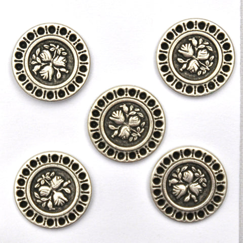 Silver Buttons with floral pattern, Medium - Set of 5