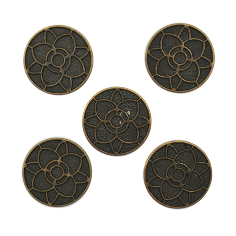 Bronze and Black Buttons with Flower Pattern, Small - Set of 5