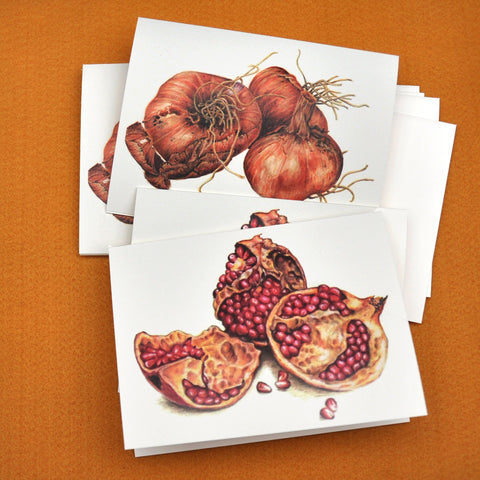 Blank Notecards, Set of Four - Proceeds to Charity - Original Drawings by Ilga - Pomegranate & Shallots
