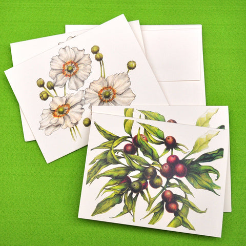 Blank Notecards, Set of Four - Proceeds to Charity - Original Drawings by Ilga - Berries and Anemone