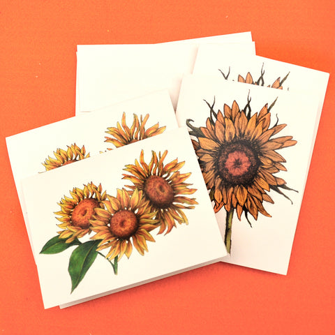 Blank Notecards, Set of Four - Proceeds to Charity - Original Drawings by Ilga - Sunflowers