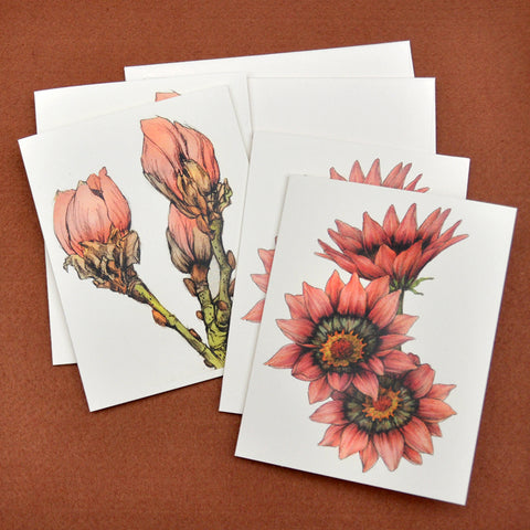 Blank Notecards, Set of Four - Proceeds to Charity - Original Drawings by Ilga - Gazania and Magnolia