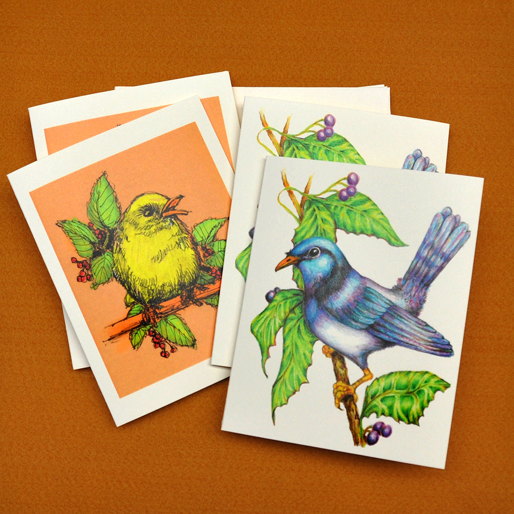 Imaginary birds drawings blank note cards
