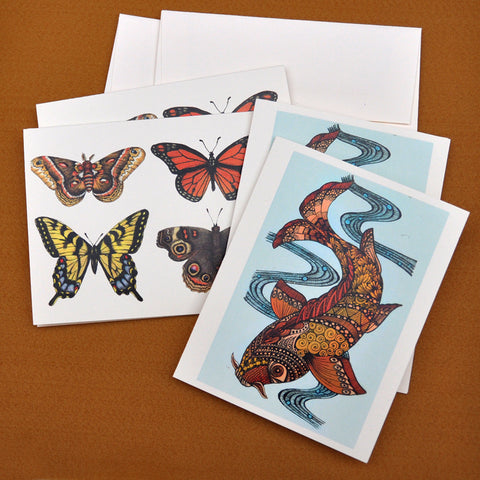 Blank Notecards, Set of Four - Proceeds to Charity - Original Drawings by Ilga - Koi and Butterflies