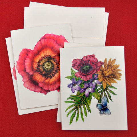 Blank Notecards, Set of Four - Proceeds to Charity - Original Drawings by Ilga - Poppies