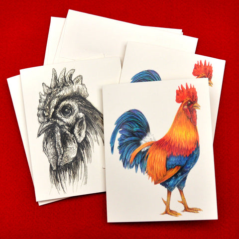 Blank Notecards, Set of Four - Proceeds to Charity - Original Drawings by Ilga - Roosters