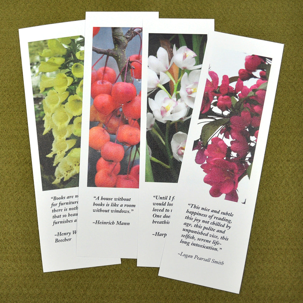 Bookmarks printed with garden photos and quotations