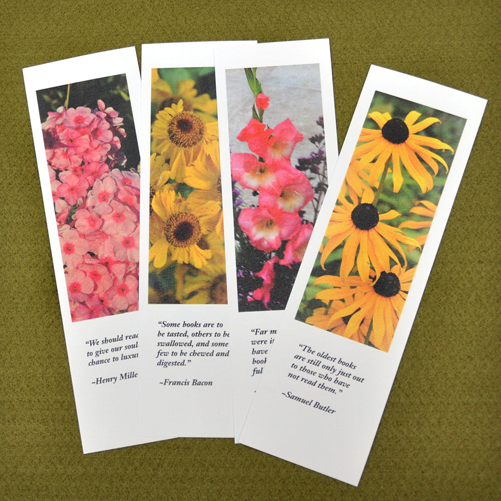Bookmarks printed with garden photos and quotations