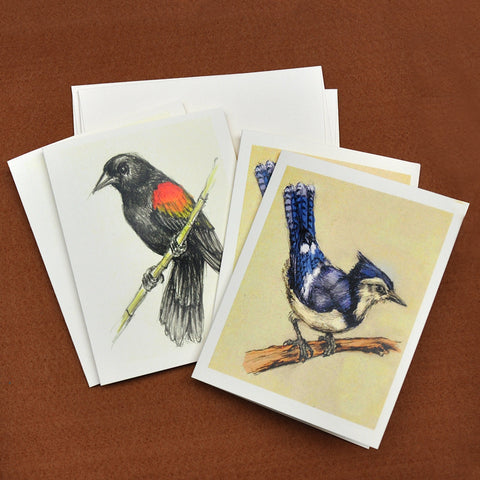 Blank Notecards, Set of Four - Proceeds to Charity - Original Drawings by Ilga - Songbirds