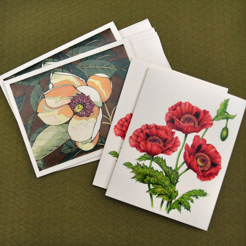 Blank Notecards, Set of Four - Proceeds to Charity - Original Drawings by Ilga - Poppy and Magnolia